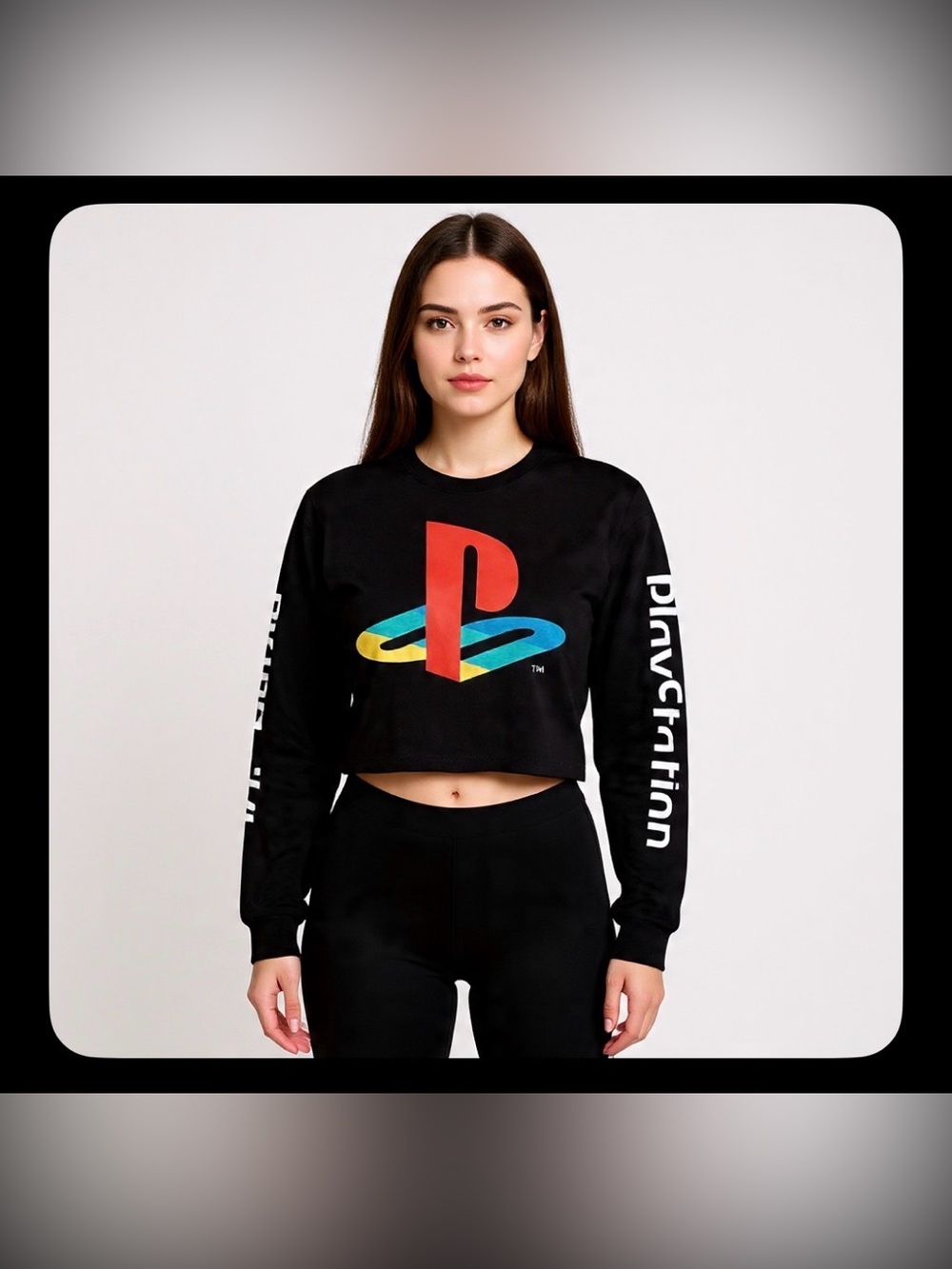 PlayStation Black Cropped Crewneck Sweatshirt with Color Logo